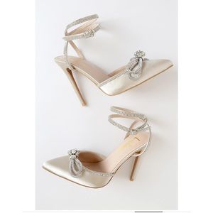 Lulus Ivory Satin Rhinestone Ankle Strap Pointed Toe Pumps
